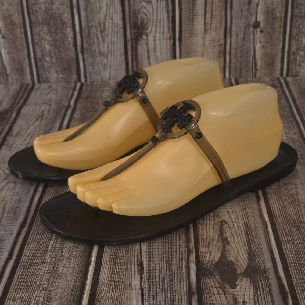 Sz 9 Tory Burch Mini Miller Jelly Sandals Black Translucent Thong Logo VGUC! - Picture 2 of 6